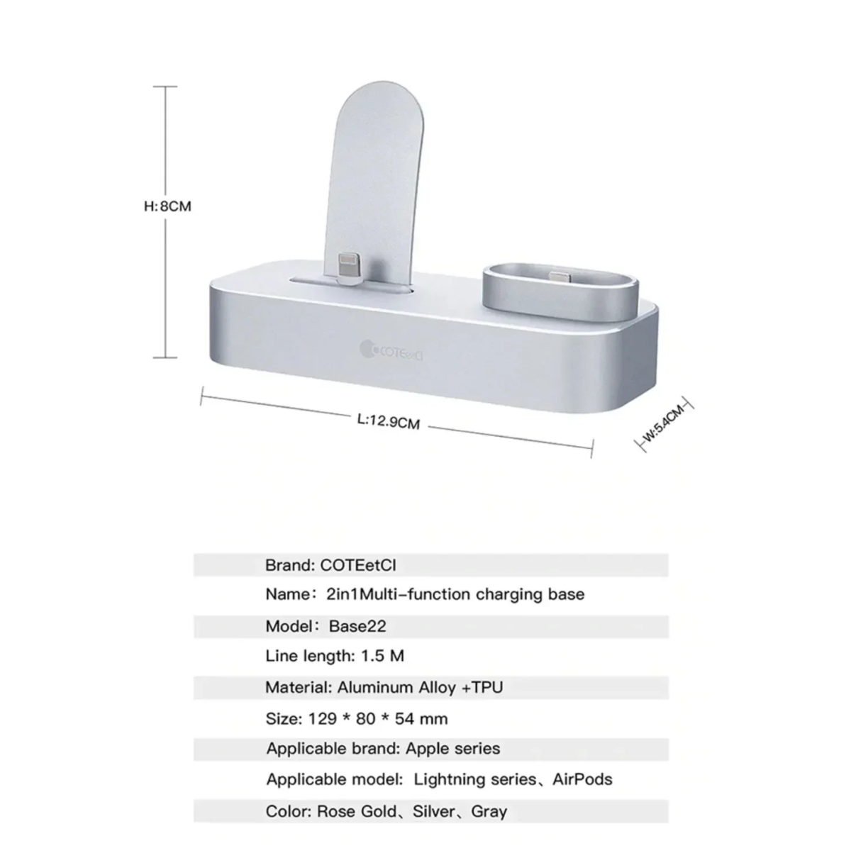 Βάση Φόρτισης 2 σε 1 για iPhone & Airpods - Aluminum 2 in 1 Charger Base Lightning & AirPods COTEetCI - Image 3