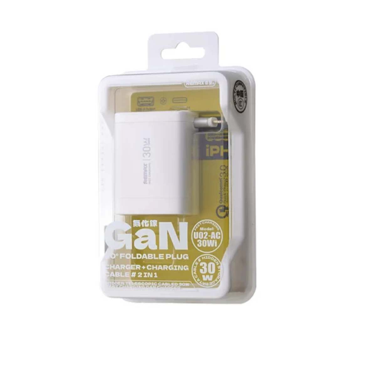 Αντάπτορας φόρτισης 30W Hidden Gan Lightning Remax U02-AC λευκό - Image 3