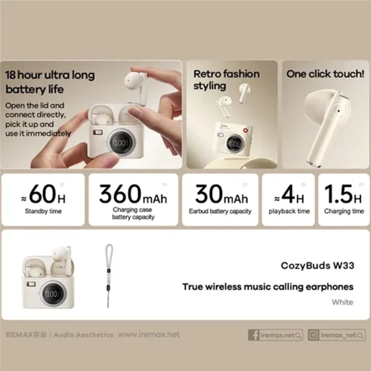 Ασύρματα ακουστικά Bluetooth με θήκη φόρτισης W33 Remax - λευκό - Image 3