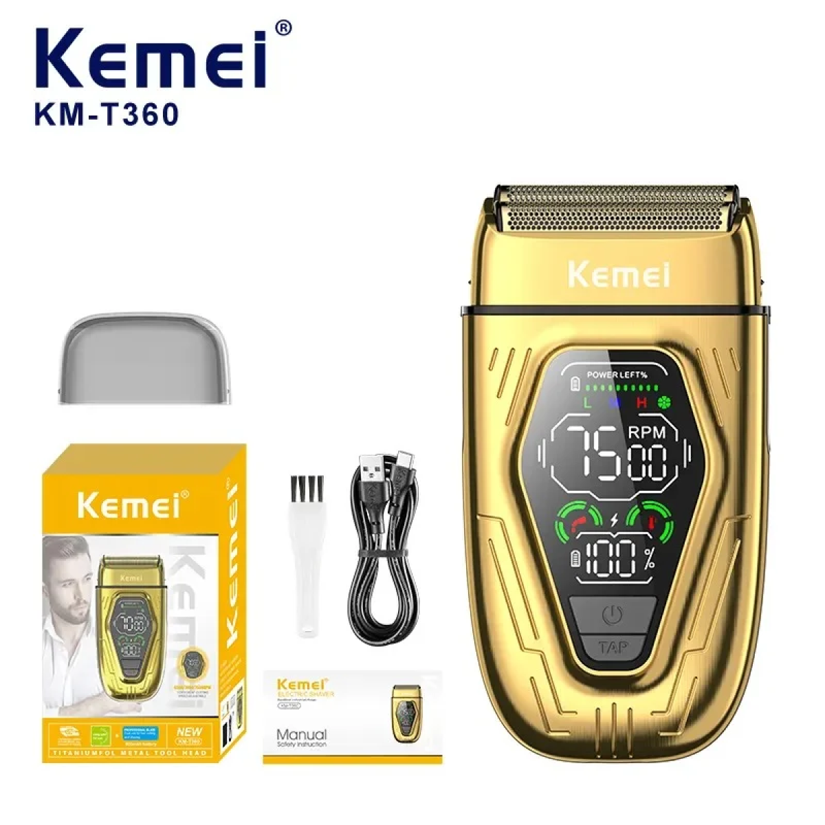 Kemei KM-T360 Επαναφορτιζόμενη Ξυριστική Μηχανή Προσώπου – Χρυσό, Double Foil, USB Type-C