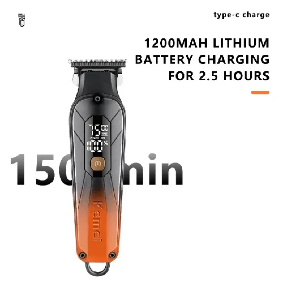 Επαναφορτιζόμενη Κουρευτική Μηχανή με Οθόνη LCD Kemei KM-1741 Πορτοκαλί