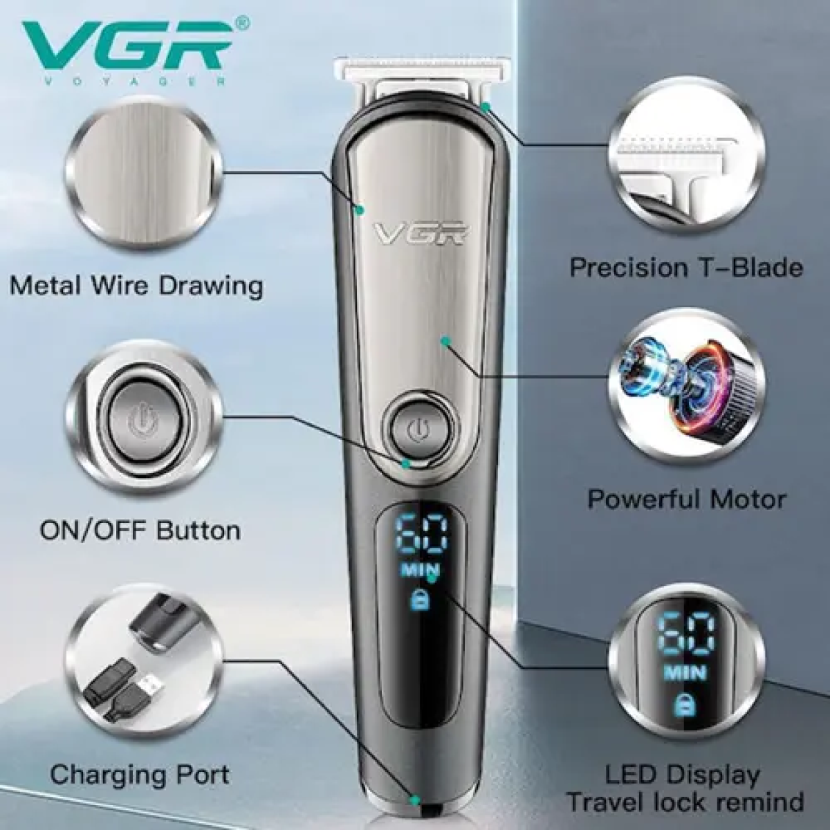 Επαναφορτιζόμενη κουρευτική μηχανή VGR V-105 ασημί - Image 6