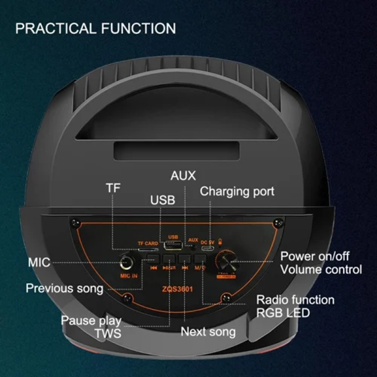 Φορητό ηχείο Bluetooth με μικρόφωνο και τηλεχειριστήριο ZQS-3601 μαύρο - Image 4