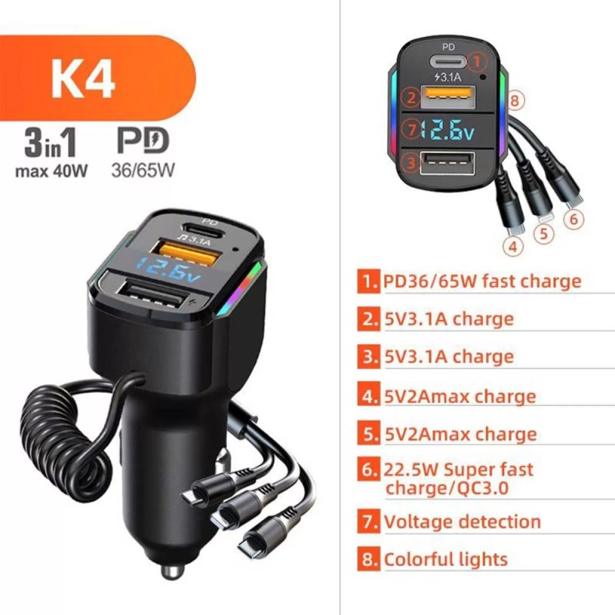 Φορτιστής Αυτοκινήτου 3 σε 1 K4 PD35W65W
