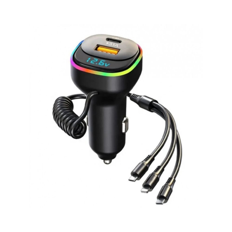 Φορτιστής Αυτοκινήτου RGB Μαύρος 3.1A Γρήγορης Φόρτισης με Θύρες: 1xUSB 1xUSB-C 1xLightning PD35/65W