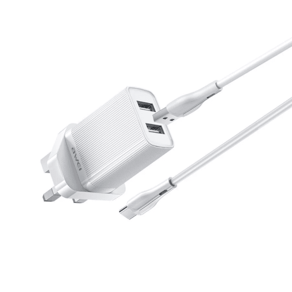 Φορτιστής με 2 θύρες USB & καλώδιο USB σε Type-C Awei C15T-UK λευκό