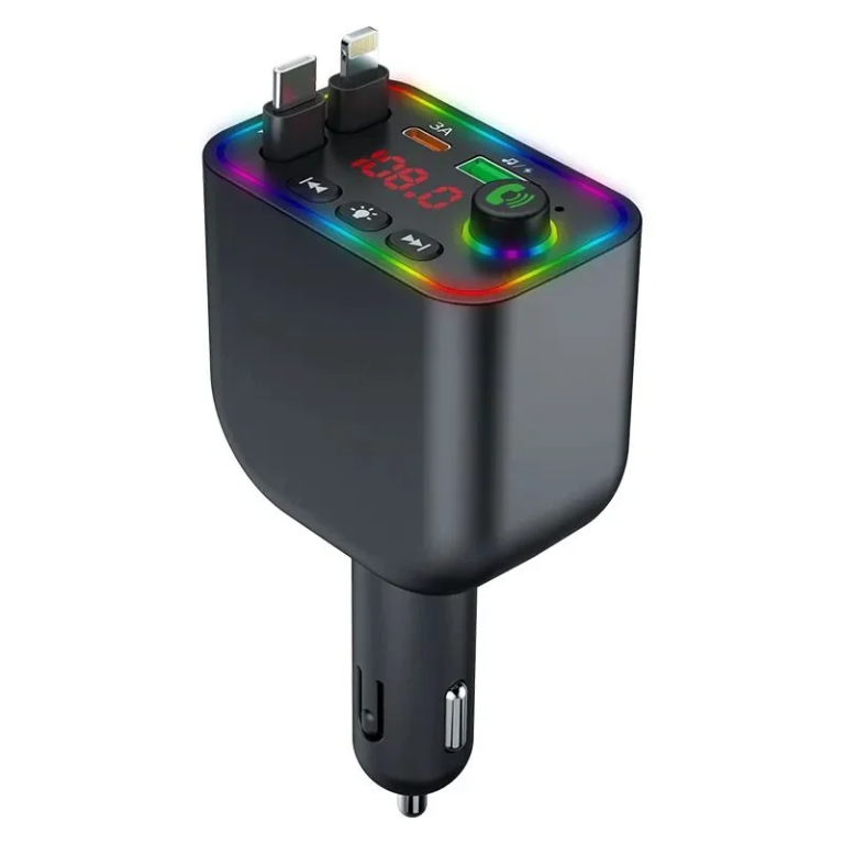 Andowl Q-C98 Bluetooth Transmitter Αυτοκινήτου με 2 Πτυσσόμενα Καλώδια Φόρτισης (Type-C & Lightning)