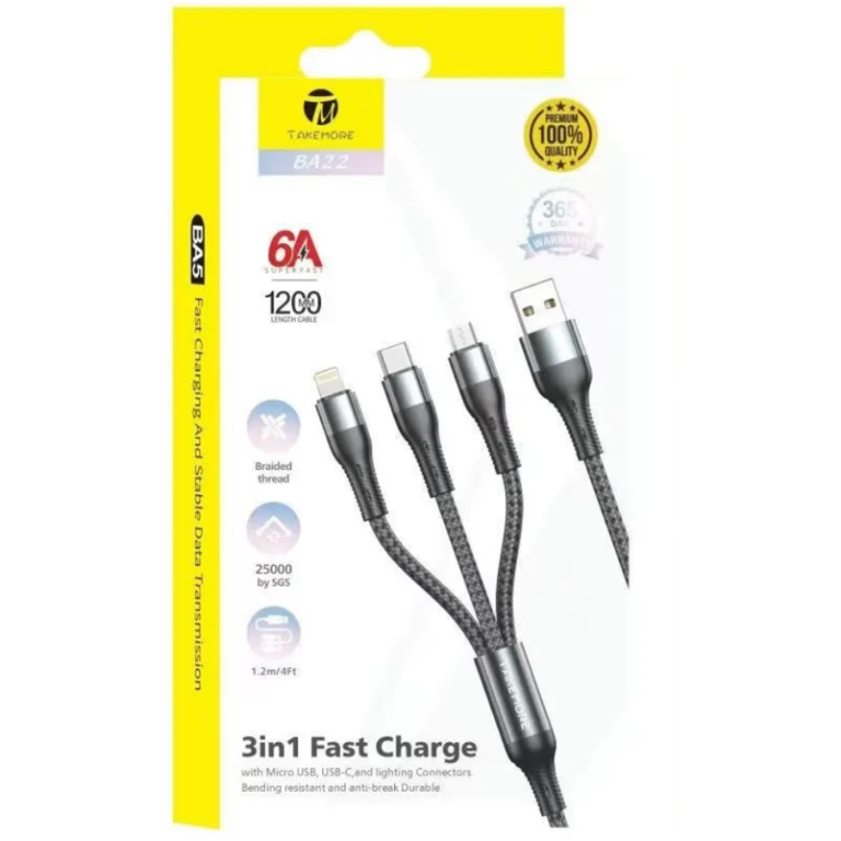 Takemore BA22 3-in-1 Καλώδιο Γρήγορης Φόρτισης & Δεδομένων – 6A SuperFast – 120cm – Μαύρο