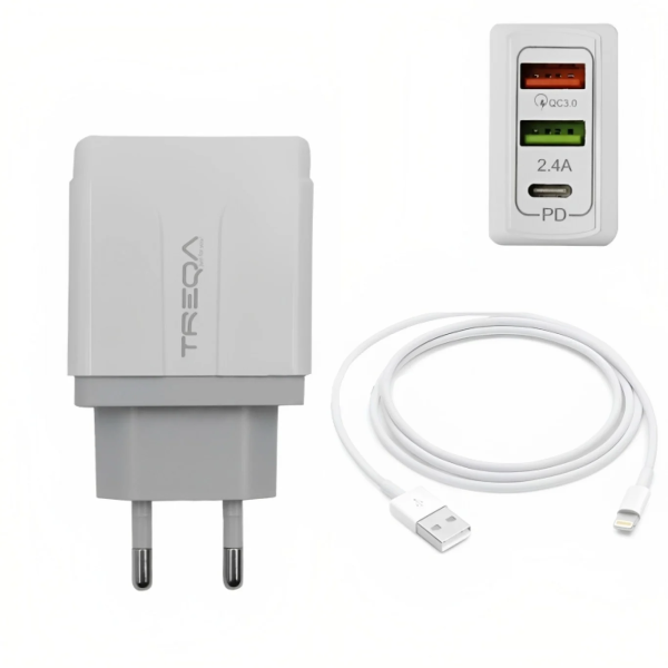 Treqa CH-643 Φορτιστής Ταχείας Φόρτισης 38W – USB-A/USB-C + Καλώδιο Lightning | Λευκός