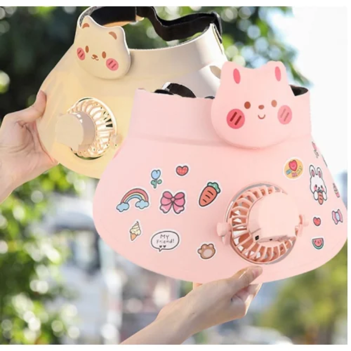 Καπέλο Ηλίου με Ανεμιστήρα & Σχέδιο Γατούλα HR2558 - Ροζ