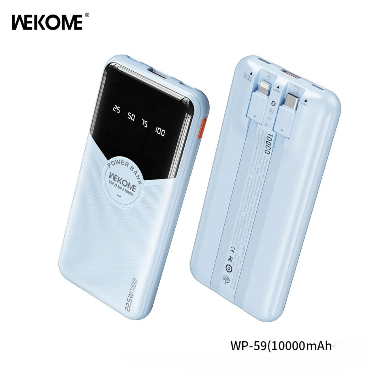 WEKOME WP-59 Power Bank 10000mAh – Fast Charge 22.5W, LED Οθόνη - Μπλέ