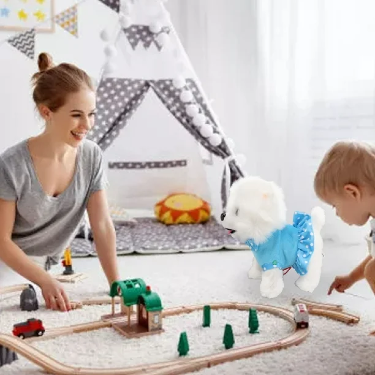 Λούτρινο Σκυλάκι που Περπατάει & Γαβγίζει με Λουράκι - Μπλε