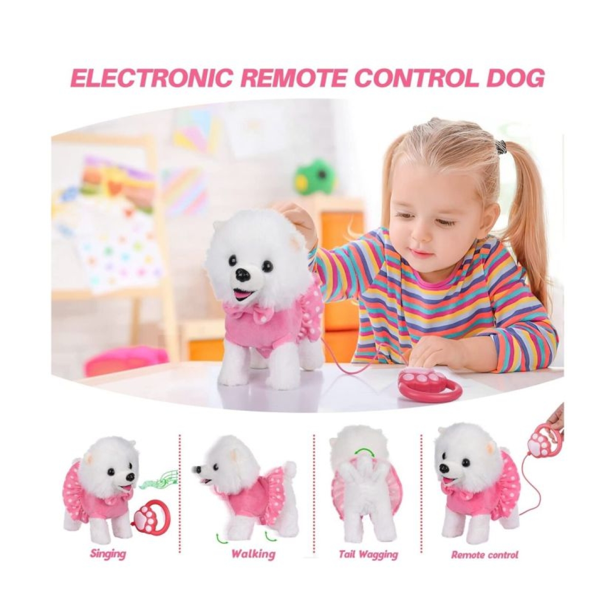 Λούτρινο Σκυλάκι που Περπατάει & Γαβγίζει με Λουράκι - Ροζ