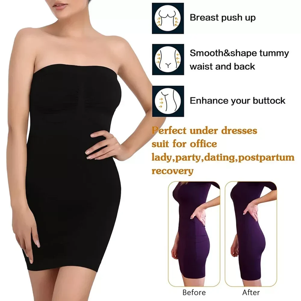 Ολόσωμο Εσώρουχο Φόρεμα που Σμιλεύει Body Slimming Tube Σετ 2τμχ - Μαύρο/Μπεζ - Image 3
