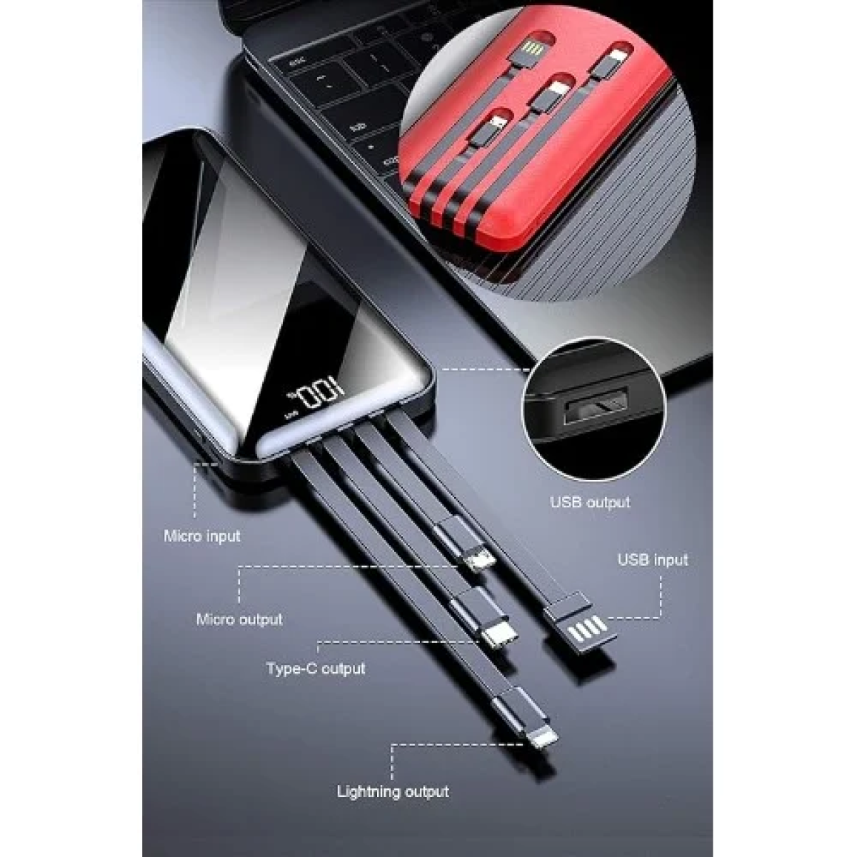 PowerBank 12000mAh με Ενσωματωμένα Καλώδια & Οθόνη LED Andowl Q-DC110 Μαύρο/Κόκκινο - Image 2