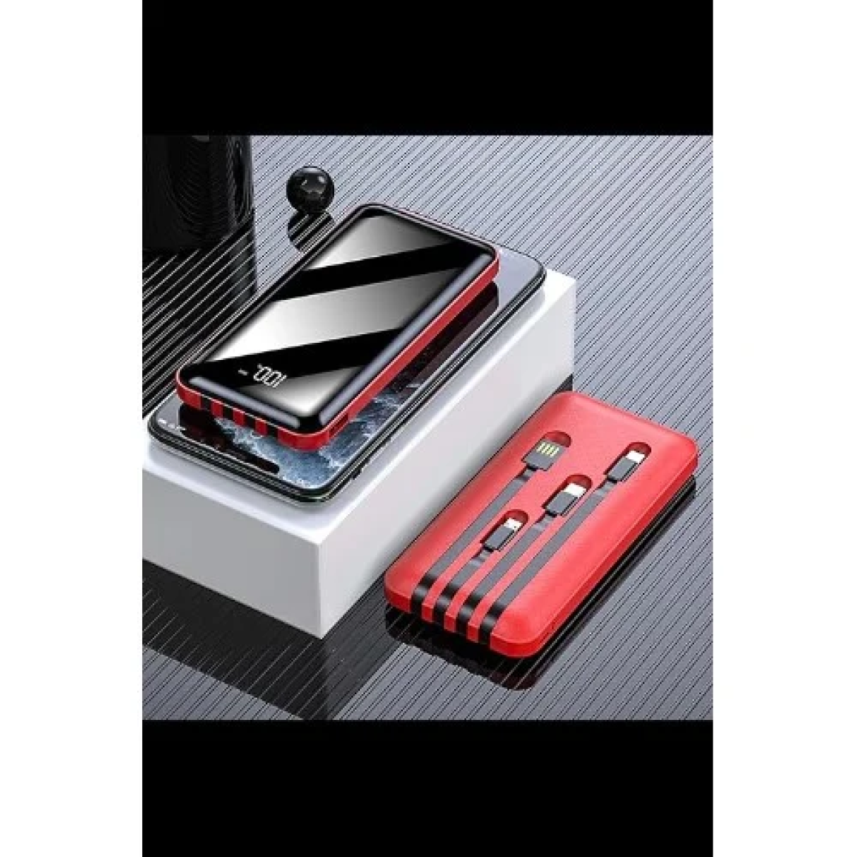 PowerBank 12000mAh με Ενσωματωμένα Καλώδια & Οθόνη LED Andowl Q-DC110 Μαύρο/Κόκκινο - Image 3