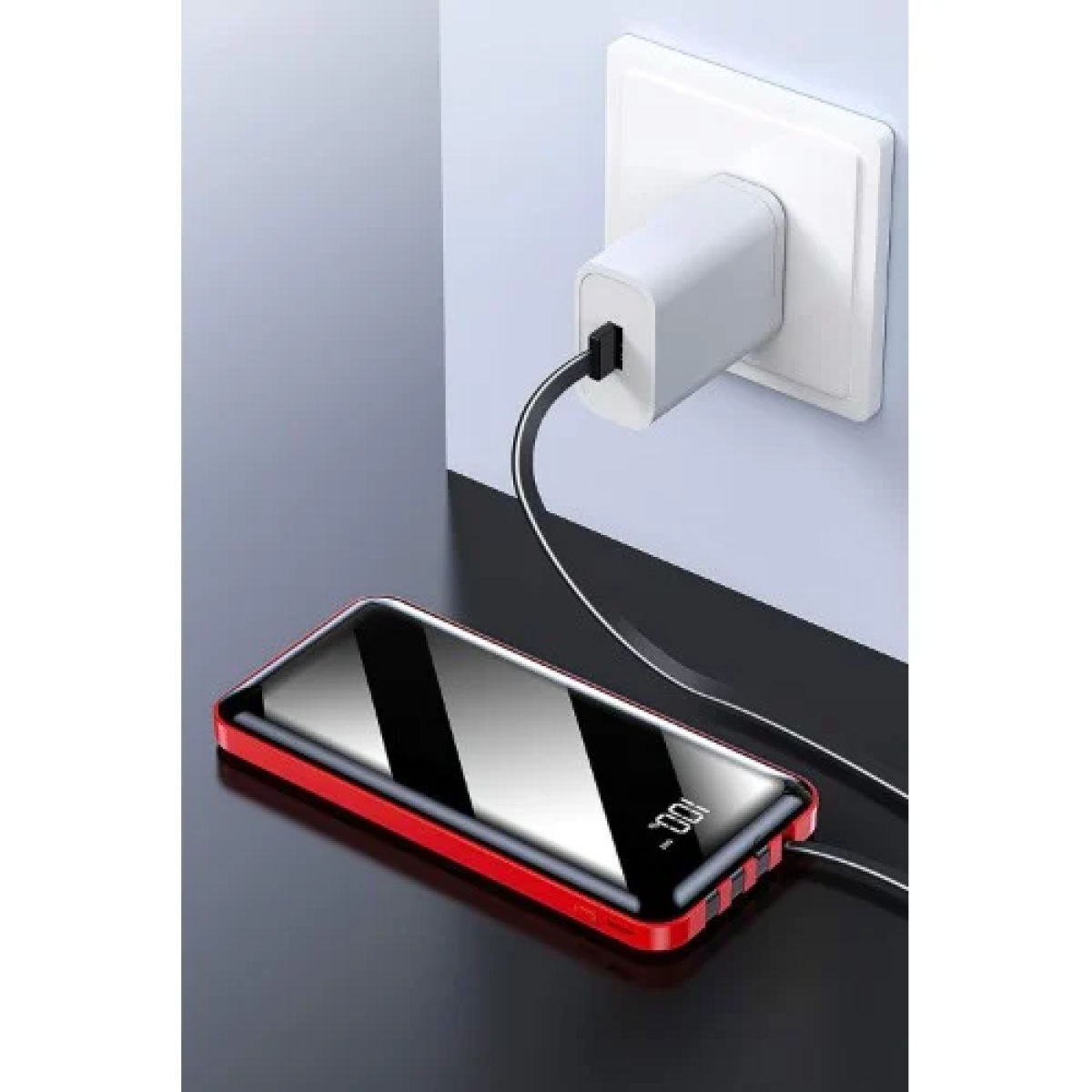 PowerBank 12000mAh με Ενσωματωμένα Καλώδια & Οθόνη LED Andowl Q-DC110 Μαύρο/Κόκκινο - Image 4