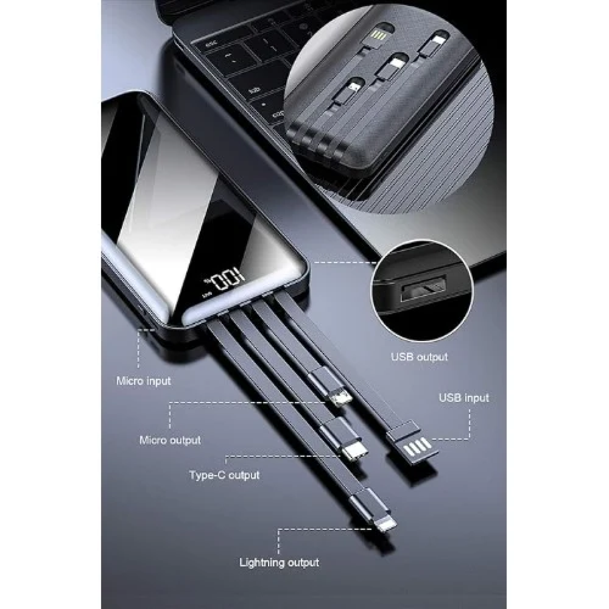 PowerBank 12000mAh με Ενσωματωμένα Καλώδια & Οθόνη LED Andowl Q-DC110 Μαύρο - Image 2