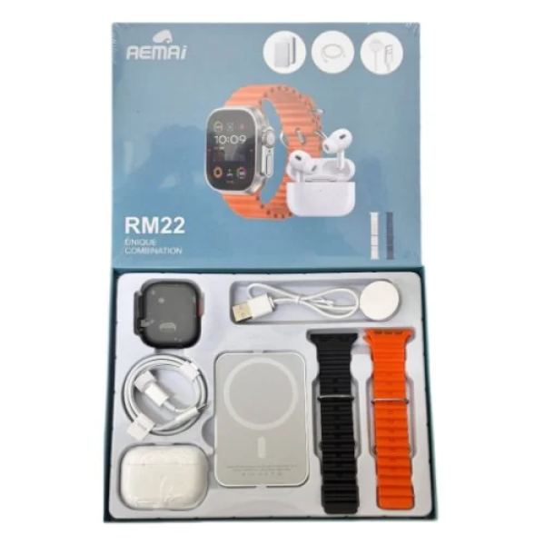 Σετ 3 σε 1 Smartwatch - Ακουστικά - Powerbank AEMAI RM22 Πορτοκαλί