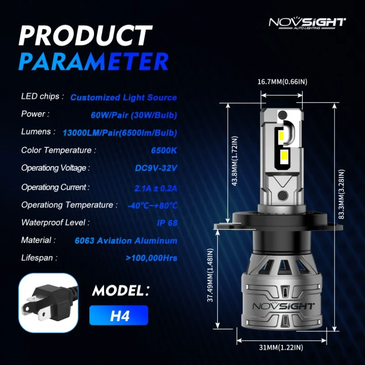 Σετ Λάμπες LED Novsight A500-N61-H4 6500K 60W 13000lm 9-32V 2τμχ - Image 2