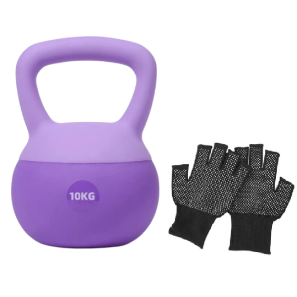 Βαράκι Γυμναστικής Kettlebell από PVC 10kg με δώρο Γάντια - Μωβ