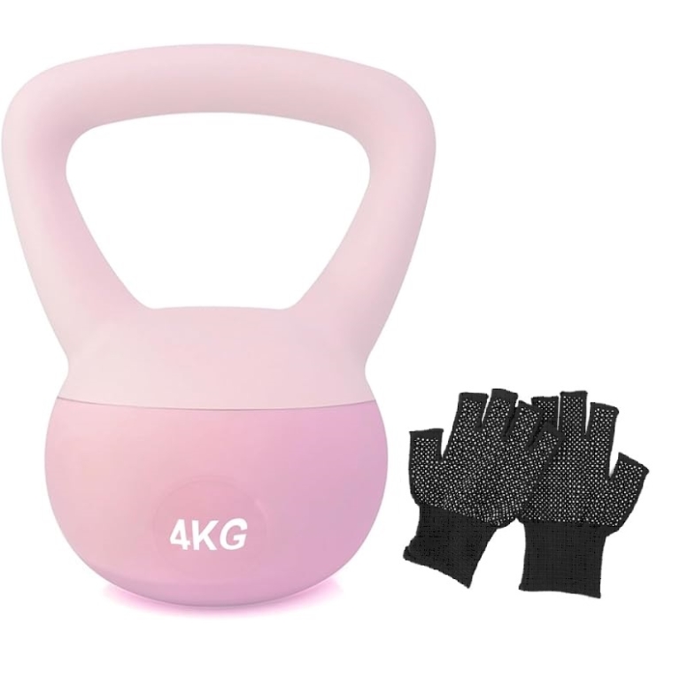 Βαράκι Γυμναστικής Kettlebell από PVC 4kg Ροζ με δώρο Γάντια
