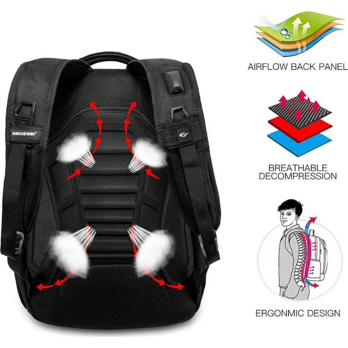 Suissewin 9932 Σακίδιο Πλάτης 45L με Θήκη Laptop - Μαύρο