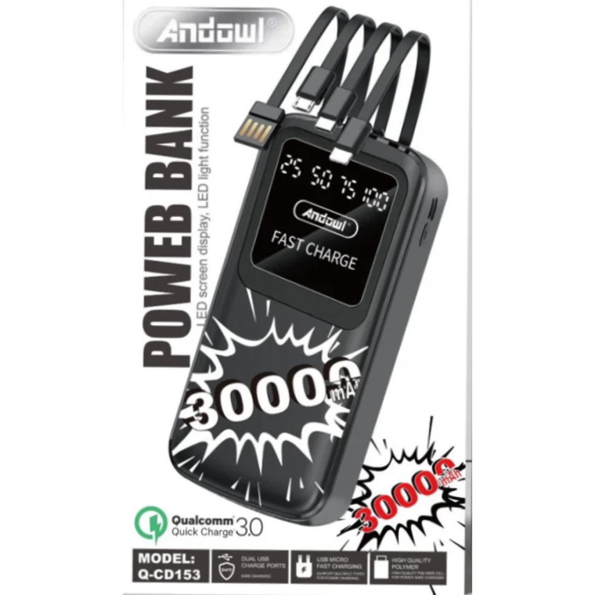 Power Bank 30000mAh Andowl Q-CD153 με Οθόνη LED, Φακό και Ενσωματωμένα Καλώδια - Μαύρο