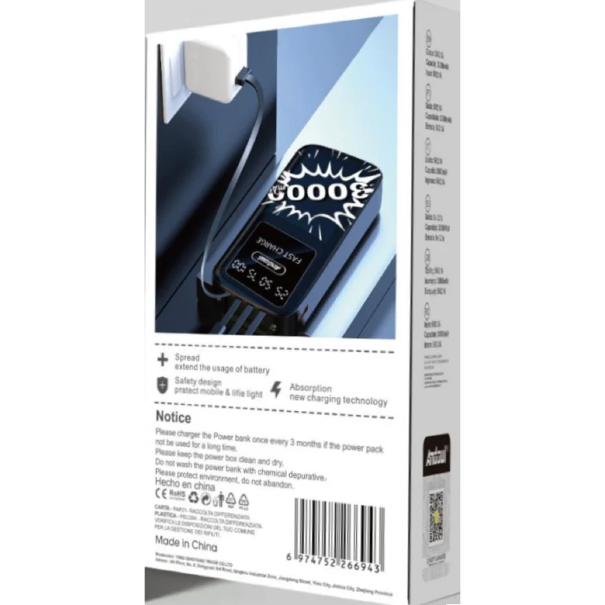 Power Bank 30000mAh Andowl Q-CD153 με Οθόνη LED, Φακό και Ενσωματωμένα Καλώδια - Μαύρο