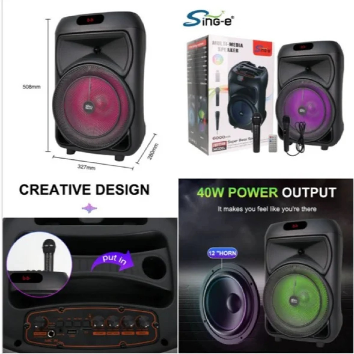 SingE Φορητό Bluetooth Ηχείο 12'' Με Μικρόφωνο και LED Φωτισμό ZQS-12146