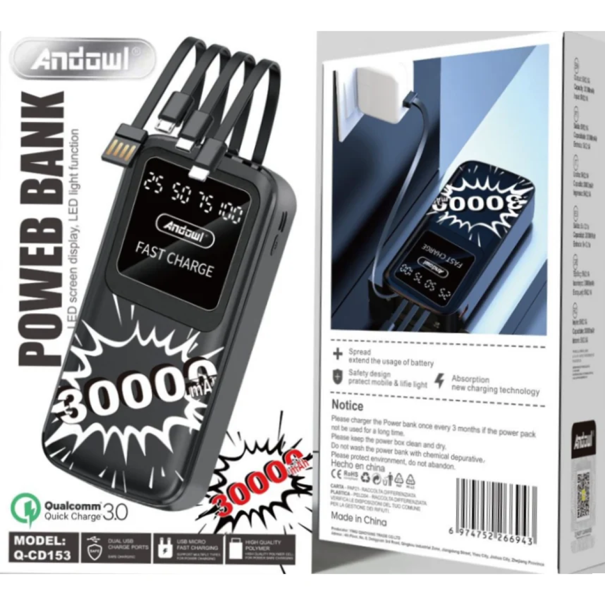 Power Bank 30000mAh Andowl Q-CD153 με Οθόνη LED, Φακό και Ενσωματωμένα Καλώδια - Μαύρο