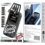 Power Bank 30000mAh Andowl Q-CD153 με Οθόνη LED, Φακό και Ενσωματωμένα Καλώδια - Μαύρο