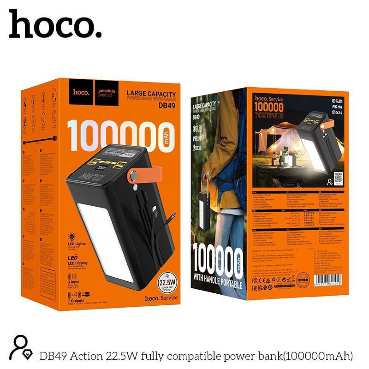 Hoco Action DB49 Power Bank 100000mAh με PD & QC, 4 Θύρες USB, Type-C και Ενσωματωμένο Φακό – Μαύρο