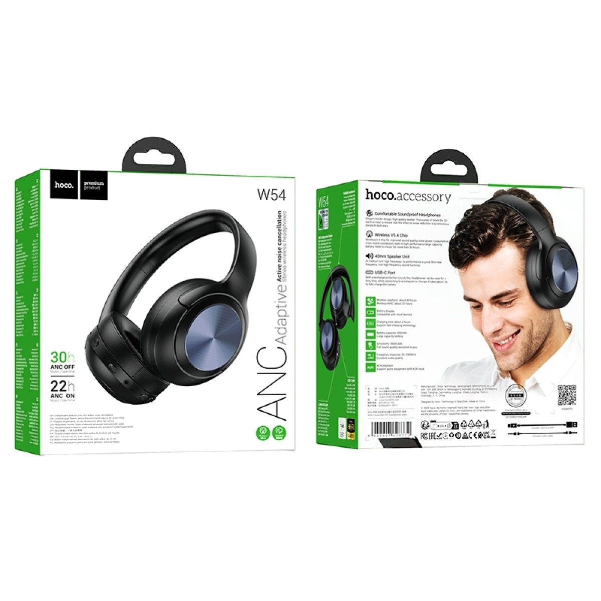 HOCO W54 Ασύρματα Ακουστικά Bluetooth Over Ear με ANC, AUX & 30 Ώρες Χρήσης – Μαύρα