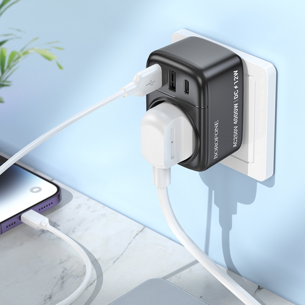 Borofone BAC14 Πολύπριζο Τοίχου με 2 Θύρες USB-A & 1 USB-C – Μαύρο