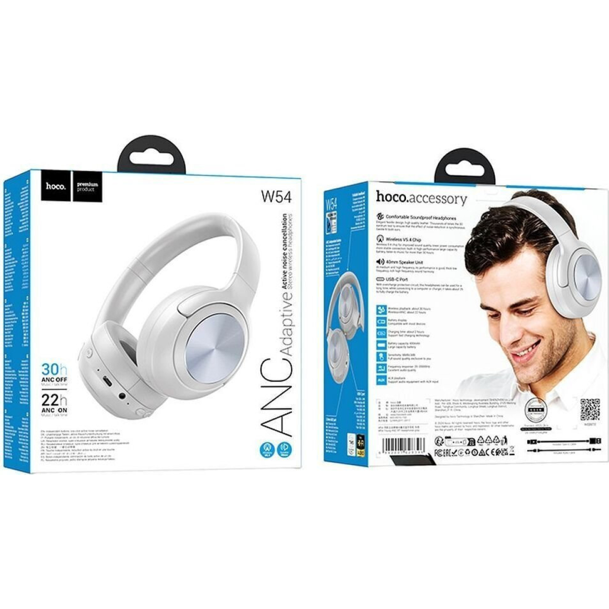 HOCO W54 Ασύρματα Ακουστικά Bluetooth Over Ear με ANC, AUX & 30 Ώρες Χρήσης – Γκρί