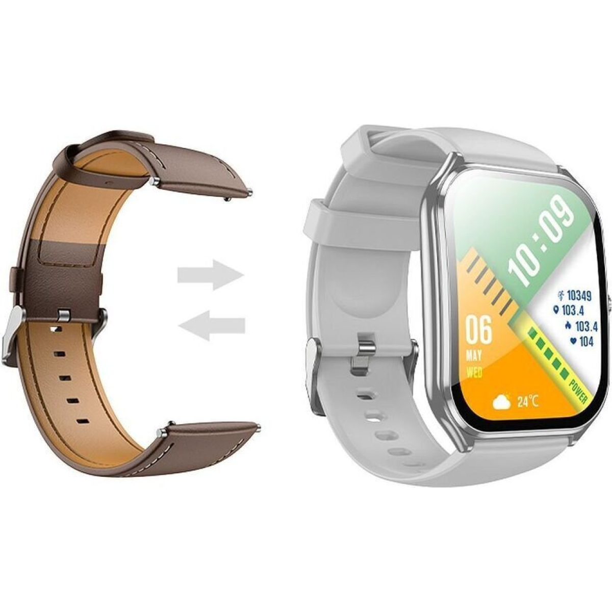 Hoco Y28 Smartwatch AMOLED με Λειτουργία Κλήσεων, IP67 + Μαύρο & Καφέ Λουράκι - Ασημί