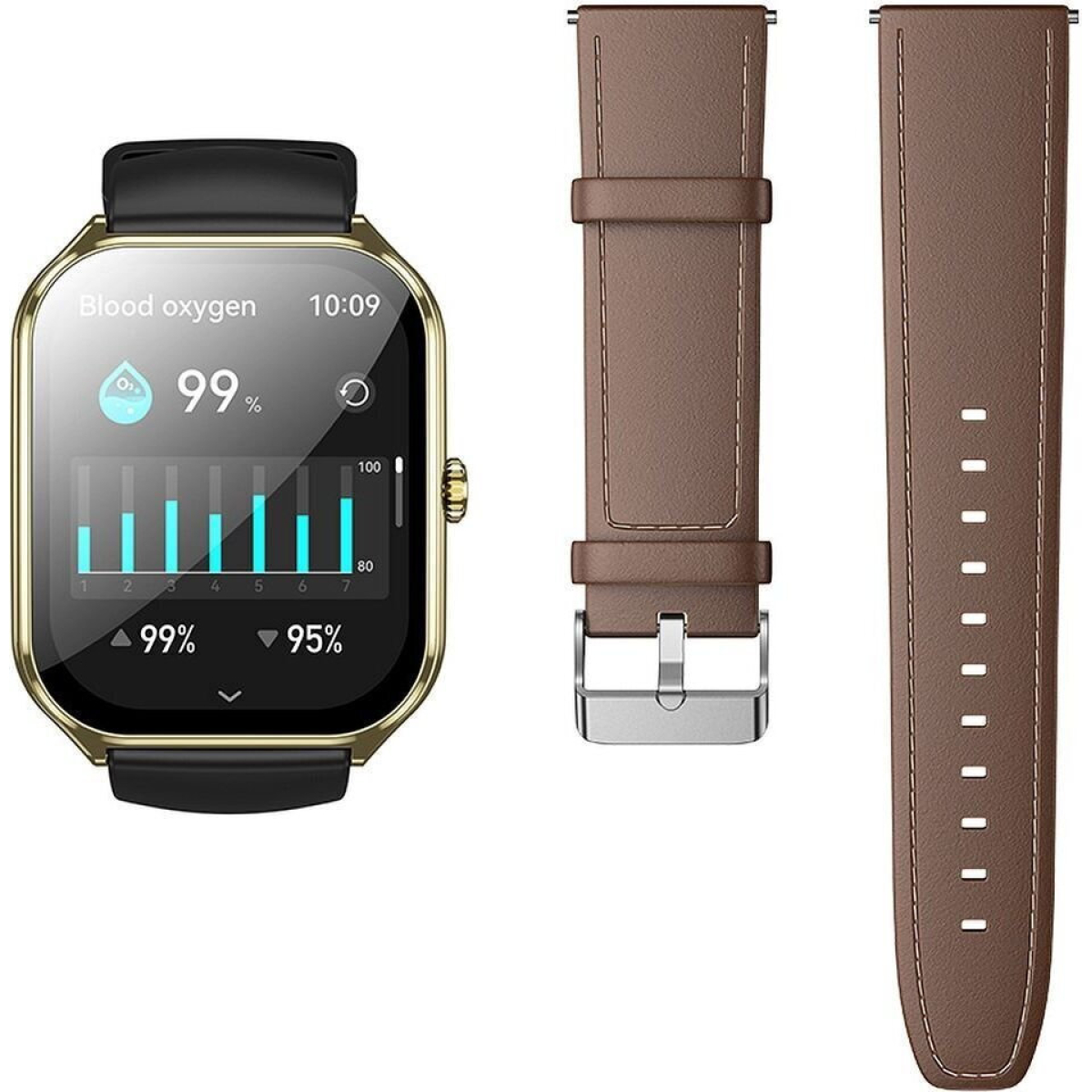Hoco Y28 Smartwatch AMOLED με Λειτουργία Κλήσεων, IP67 + Μαύρο & Καφέ Λουράκι - Χρυσό