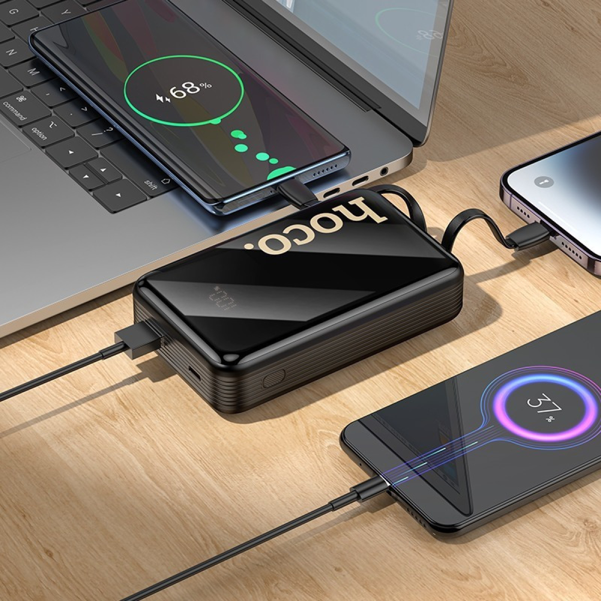 Hoco Q37A Graceful Power Bank 20000mAh 22.5W με Θύρα USB-A, USB-C και 2 Ενσωματωμένα Καλώδια – Μαύρο