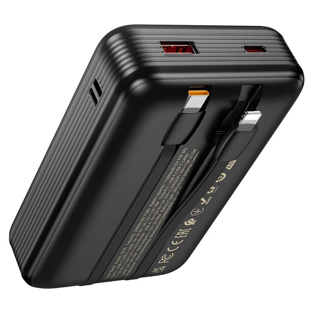Hoco Q37A Graceful Power Bank 20000mAh 22.5W με Θύρα USB-A, USB-C και 2 Ενσωματωμένα Καλώδια – Μαύρο