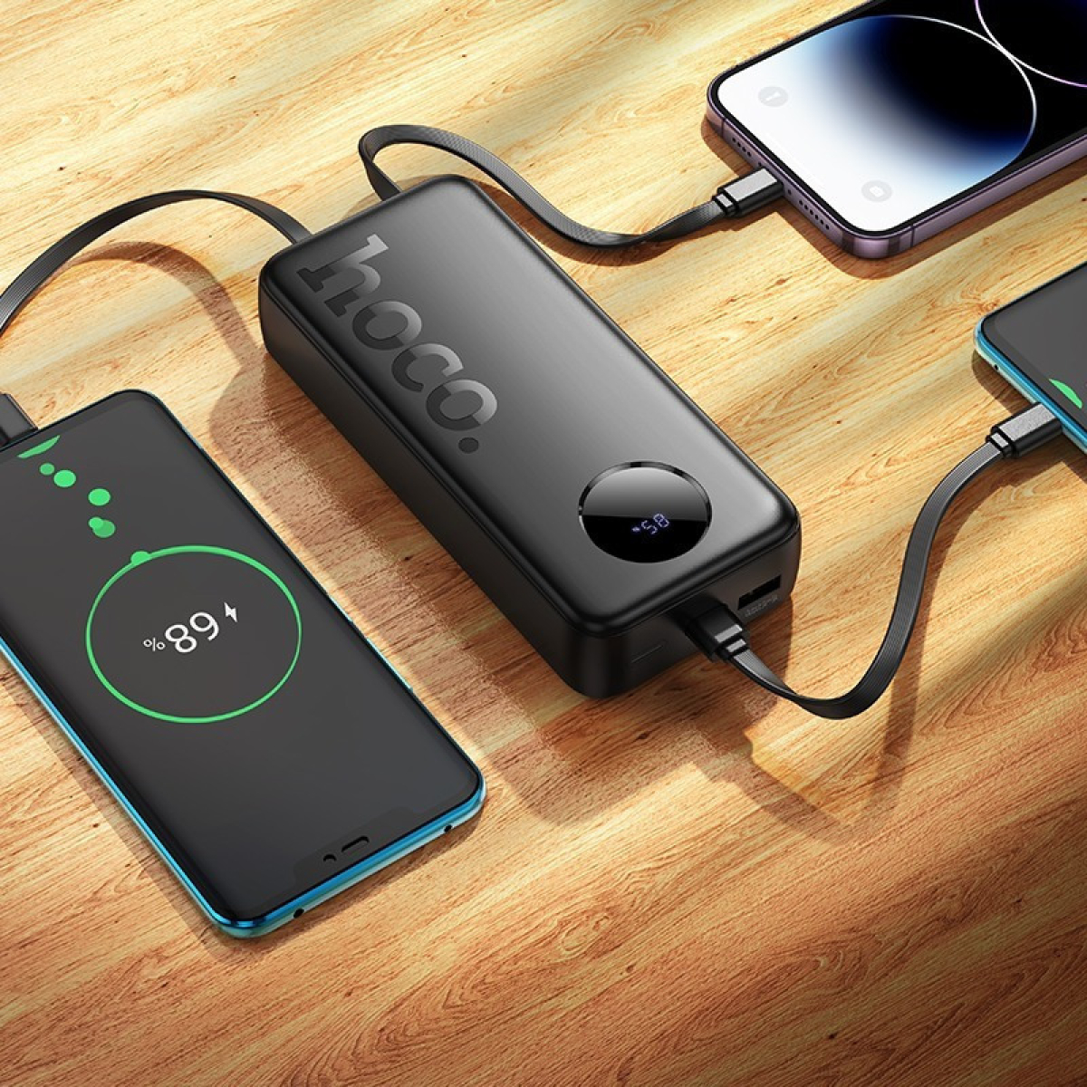 Hoco J132A Sabio Power Bank 20000mAh 22.5W + PD20W και 2 Ενσωματωμένα Καλώδια – Μαύρο