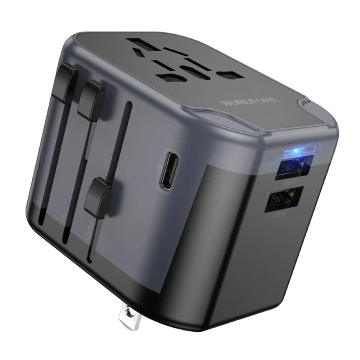 Borofone BAC12 Universal Travel Adapter με 2 Θύρες USB-A, 1 Θύρα USB-C & Πρίζα – Μαύρο