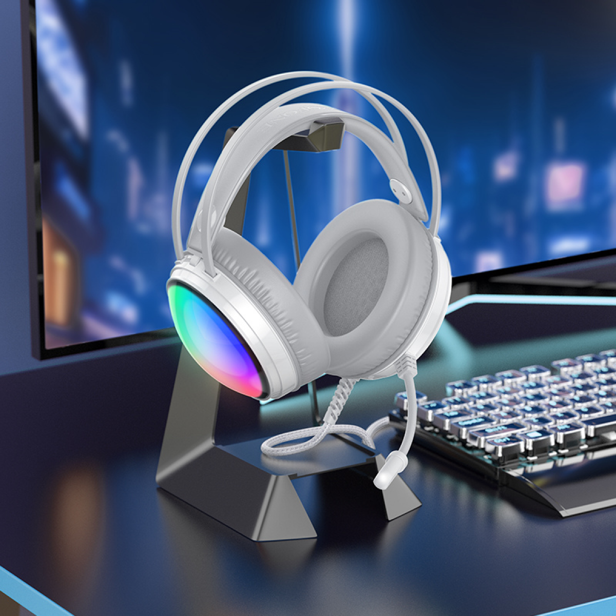 Borofone BO108 Flame Gaming Ακουστικά με LED Φωτισμό, Μικρόφωνο & USB/3.5mm – 50mm Drivers - Λευκά