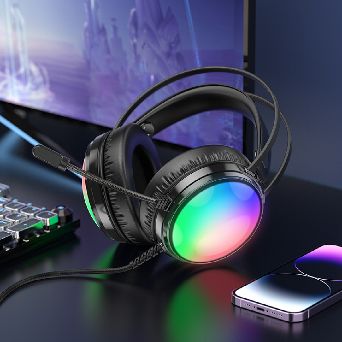 Borofone BO108 Flame Gaming Ακουστικά με LED Φωτισμό, Μικρόφωνο & USB/3.5mm – 50mm Drivers - Μαύρα
