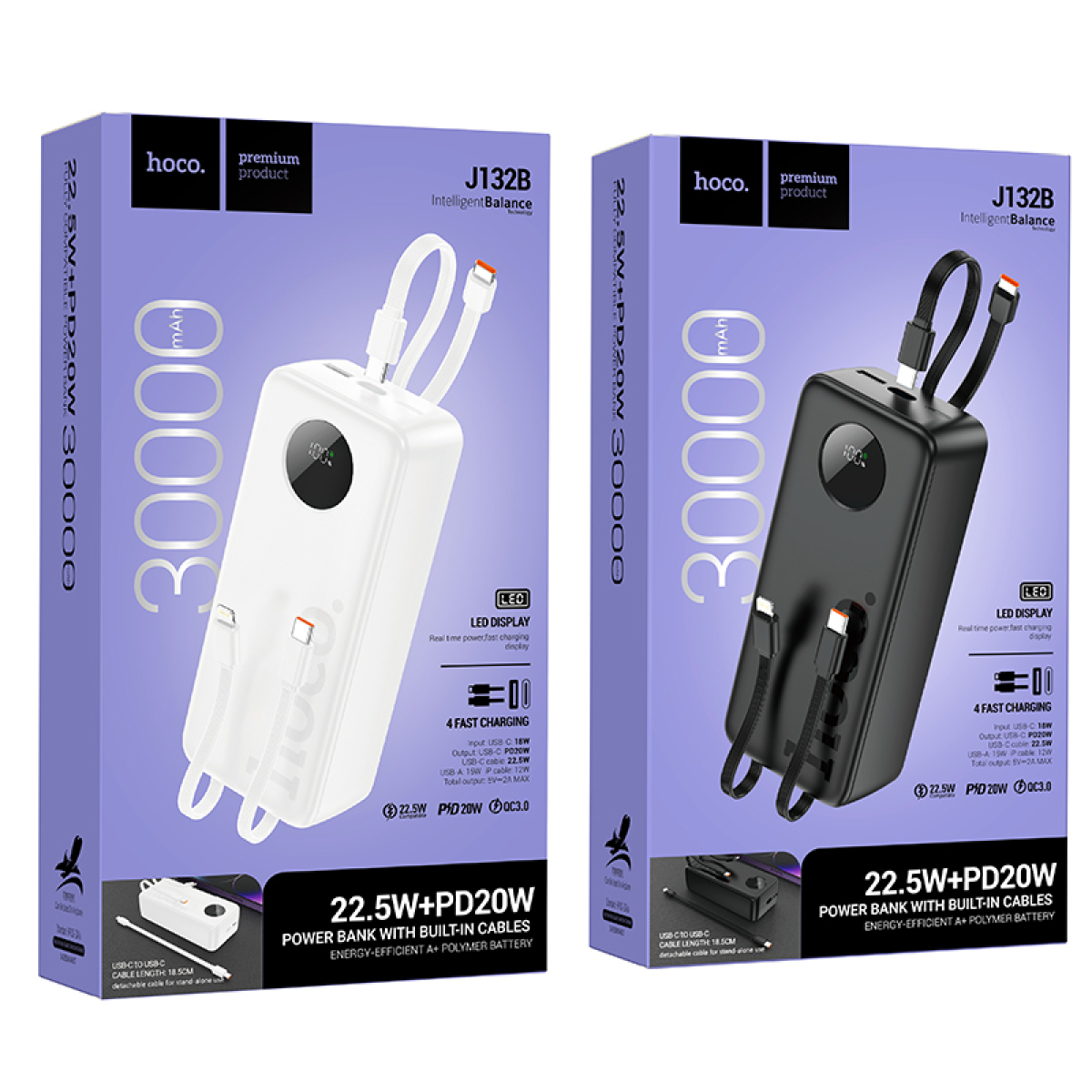 Hoco J132B Sabio Power Bank 30000mAh – PD 20W + QC 22.5W με Ενσωματωμένα Καλώδια & LED Οθόνη – Μαύρο