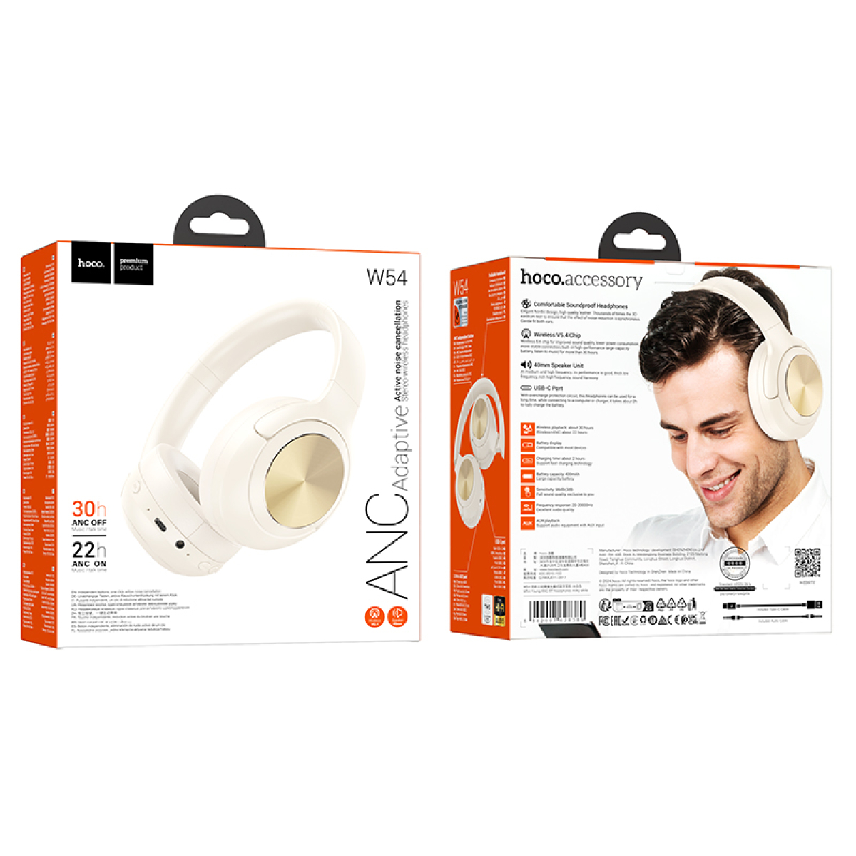 HOCO W54 Ασύρματα Ακουστικά Bluetooth Over Ear με ANC, AUX & 30 Ώρες Χρήσης – Λευκό