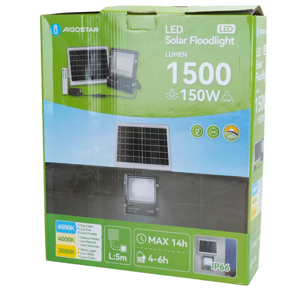 Αδιάβροχος ηλιακός προβολέας 150W με πάνελ και τηλεχειριστήριο Aigostar - μαύρο - Image 5
