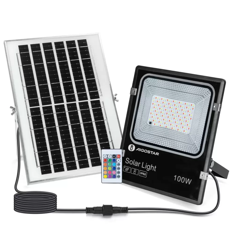 Αδιάβροχος ηλιακός προβολέας RGB 100W με πάνελ και τηλεχειριστήριο Aigostar - μαύρο