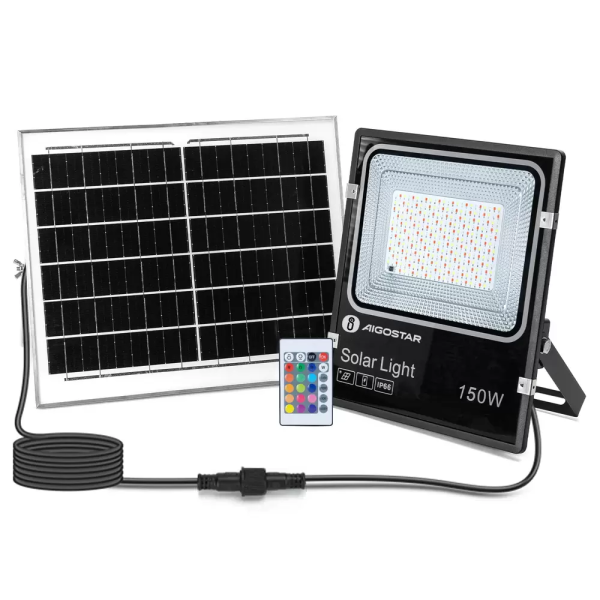 Αδιάβροχος ηλιακός προβολέας RGB 150W με πάνελ και τηλεχειριστήριο Aigostar - μαύρο