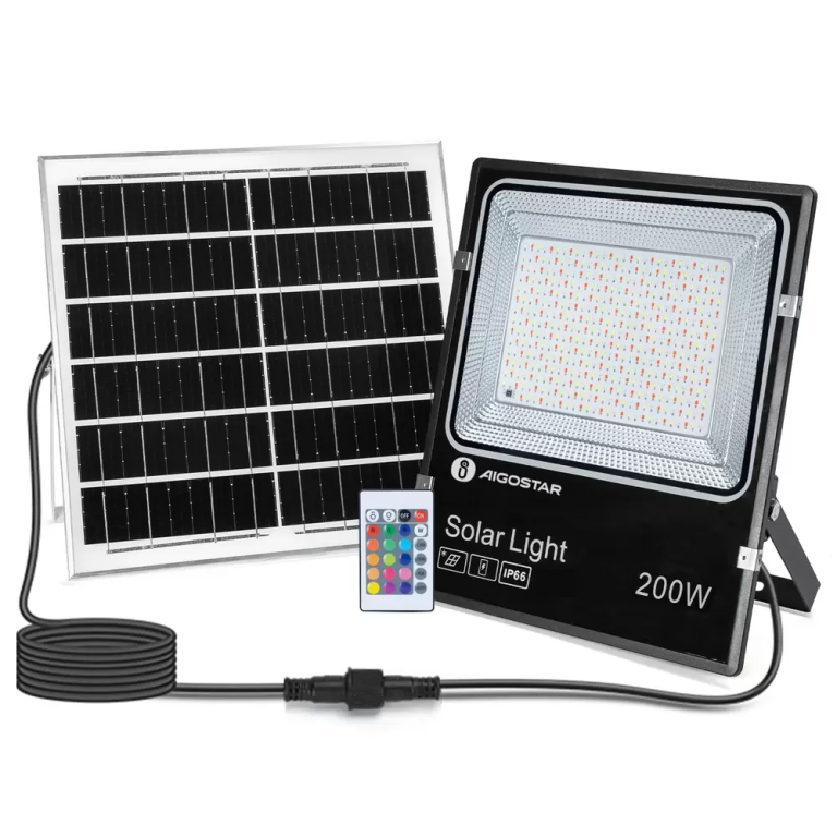 Αδιάβροχος ηλιακός προβολέας RGB 200W με πάνελ και τηλεχειριστήριο Aigostar - μαύρο